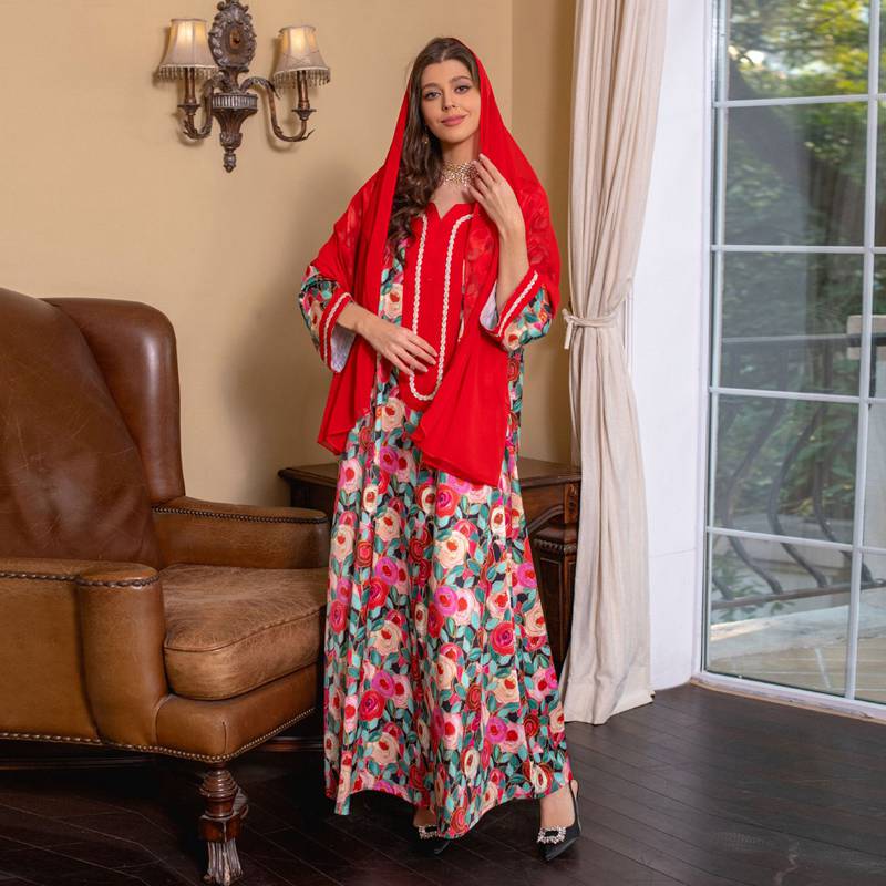 Robe caftan pour femme avec strass et patchs pour le Ramadan Eid, avec hijab et foulard