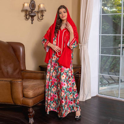 Ramadan Eid Caftan Hotfix Rhinestone Women Kaftan Dress Jalabiya With Hijab Scarf