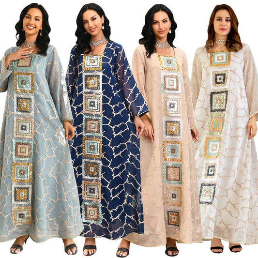 Robe de soirée caftan brodée à paillettes pour femme
