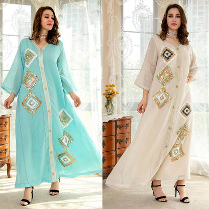 Robe caftan pour femme arabe de l'Aïd avec broderies et paillettes