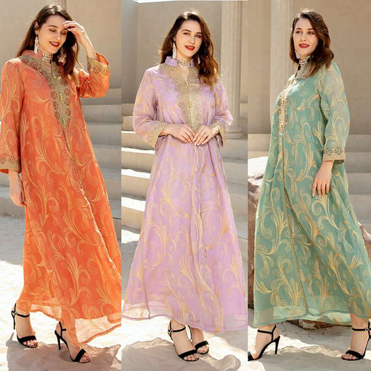 Robe de soirée caftan brodée avec appliques pour femme