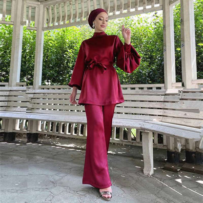 Ensemble de 2 pièces pour femme musulmane, haut et pantalon, tenue de bureau en satin