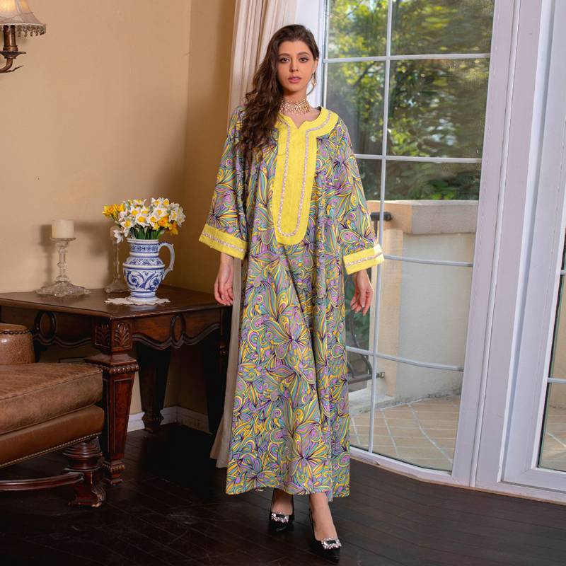 Ramadan Eid Caftan Hotfix Rhinestone Women Kaftan Dress Jalabiya With Hijab Scarf