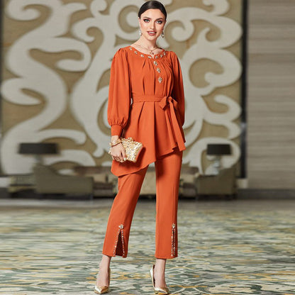 Ensemble 2 pièces pantalon et haut cousus à la main avec strass pour femmes musulmanes