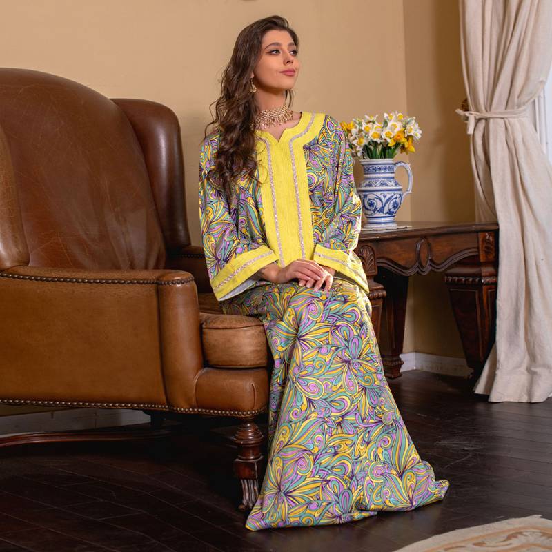Robe caftan pour femme avec strass et patchs pour le Ramadan Eid, avec hijab et foulard