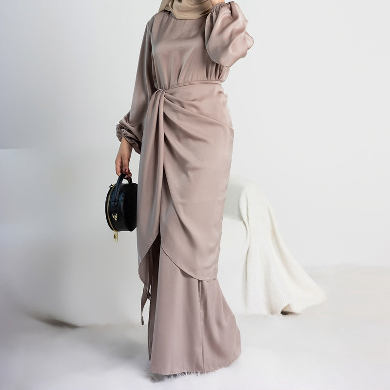 Robe Abaya en satin pour femmes musulmanes avec cache-cœur mi-long