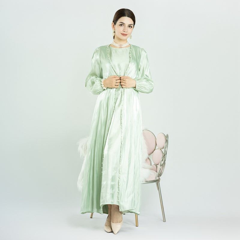 Ensemble 2 pièces pour l'Aïd, robe abaya ouverte en perles, avec abaya extérieure et robe intérieure sans manches