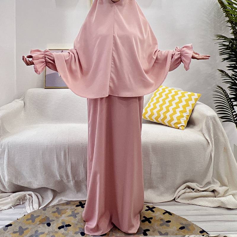 2 Pieces Set Jilbab Solid Color For Muslim Women Dress Middle East Dubai Turkish Clothing