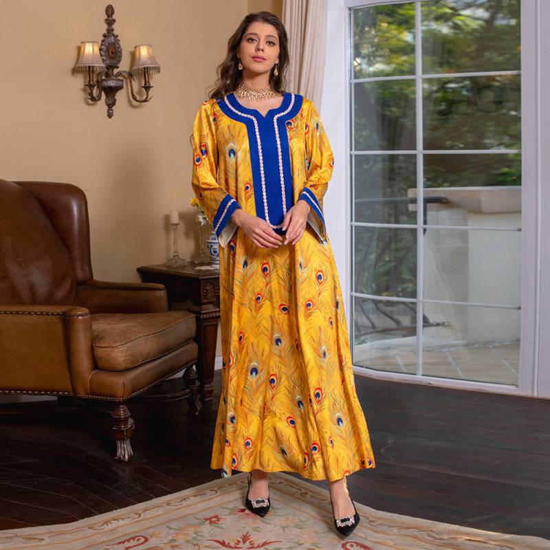 Robe caftan pour femme avec strass et patchs pour le Ramadan Eid, avec hijab et foulard