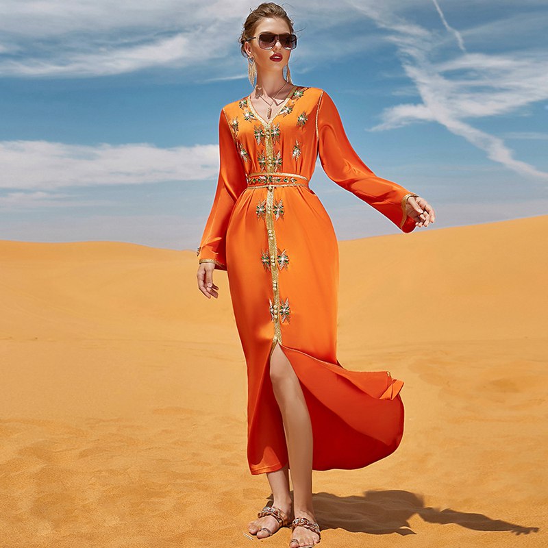 Robe caftan arabe de Dubaï, cousue à la main avec strass, pour femme