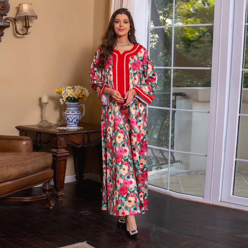 Robe caftan pour femme avec strass et patchs pour le Ramadan Eid, avec hijab et foulard