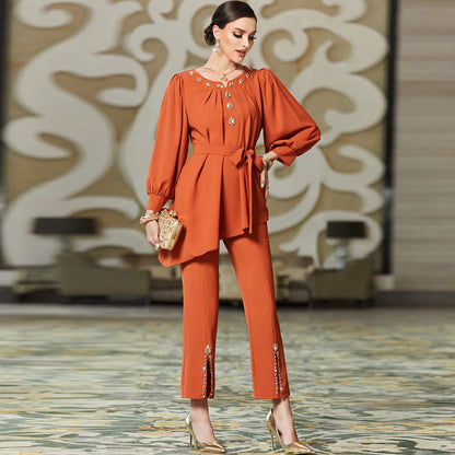Ensemble 2 pièces pantalon et haut cousus à la main avec strass pour femmes musulmanes