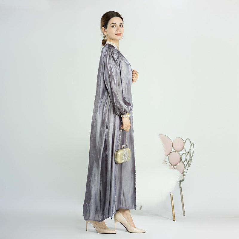 Ensemble 2 pièces pour l'Aïd, robe abaya ouverte en perles, avec abaya extérieure et robe intérieure sans manches