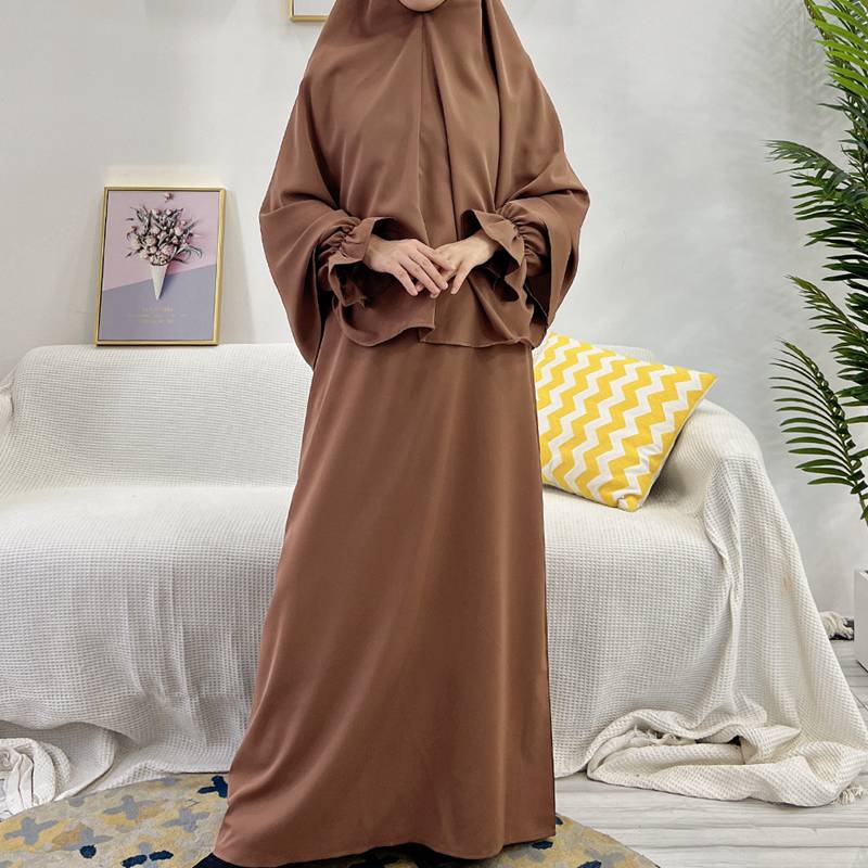 2 Pieces Set Jilbab Solid Color For Muslim Women Dress Middle East Dubai Turkish Clothing