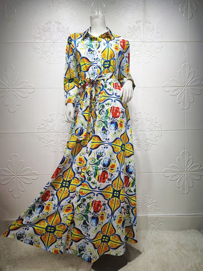 Robes caftan imprimées à manches longues pour femmes Jalabiya