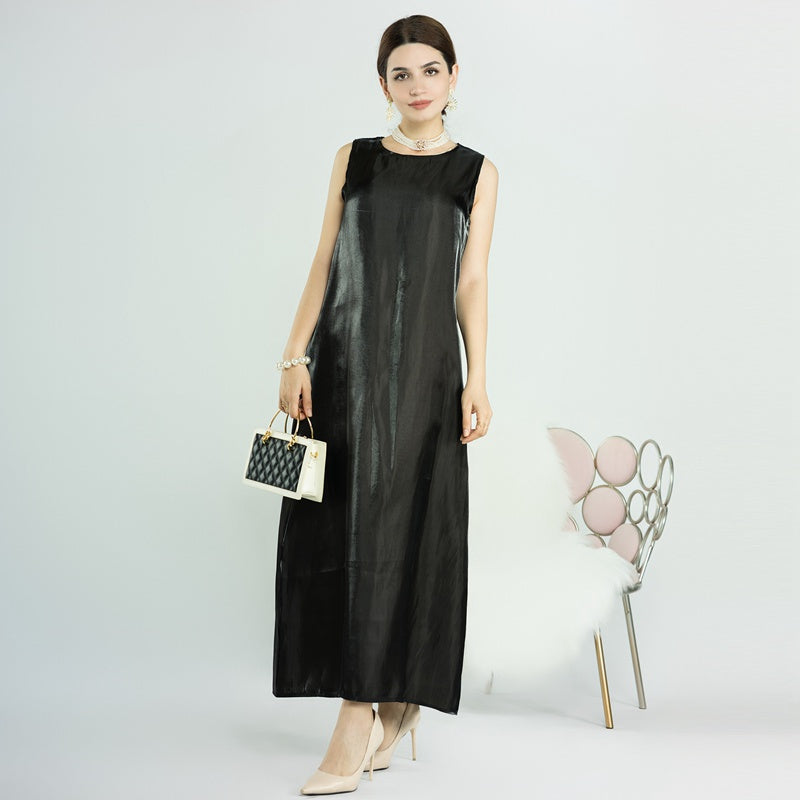 Ensemble 2 pièces pour l'Aïd, robe abaya ouverte en perles, avec abaya extérieure et robe intérieure sans manches