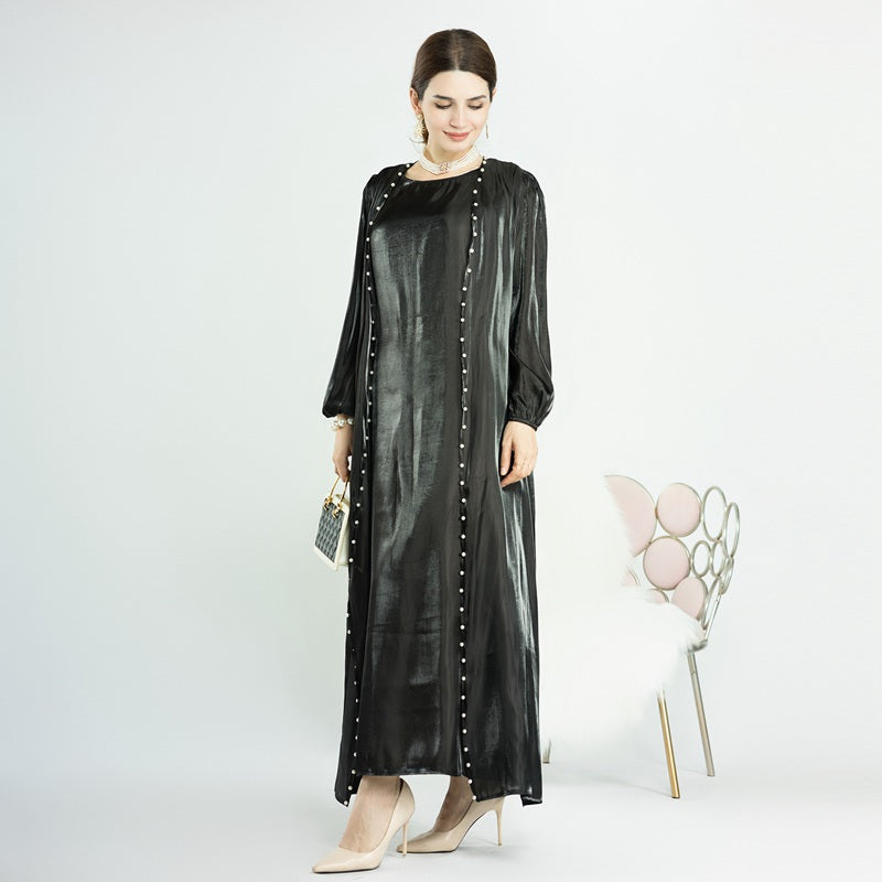 Ensemble 2 pièces pour l'Aïd, robe abaya ouverte en perles, avec abaya extérieure et robe intérieure sans manches