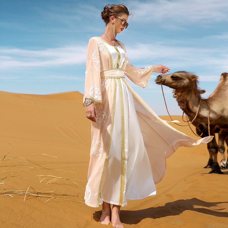 Ensemble 2 pièces cardigan brodé robe abaya ouverte pour femme soirée