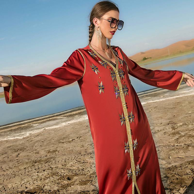 Robe caftan arabe de Dubaï, cousue à la main avec strass, pour femme