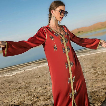 Robe caftan arabe de Dubaï, cousue à la main avec strass, pour femme