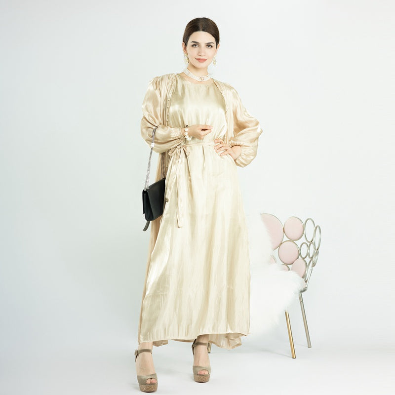 Ensemble 2 pièces pour l'Aïd, robe abaya ouverte en perles, avec abaya extérieure et robe intérieure sans manches