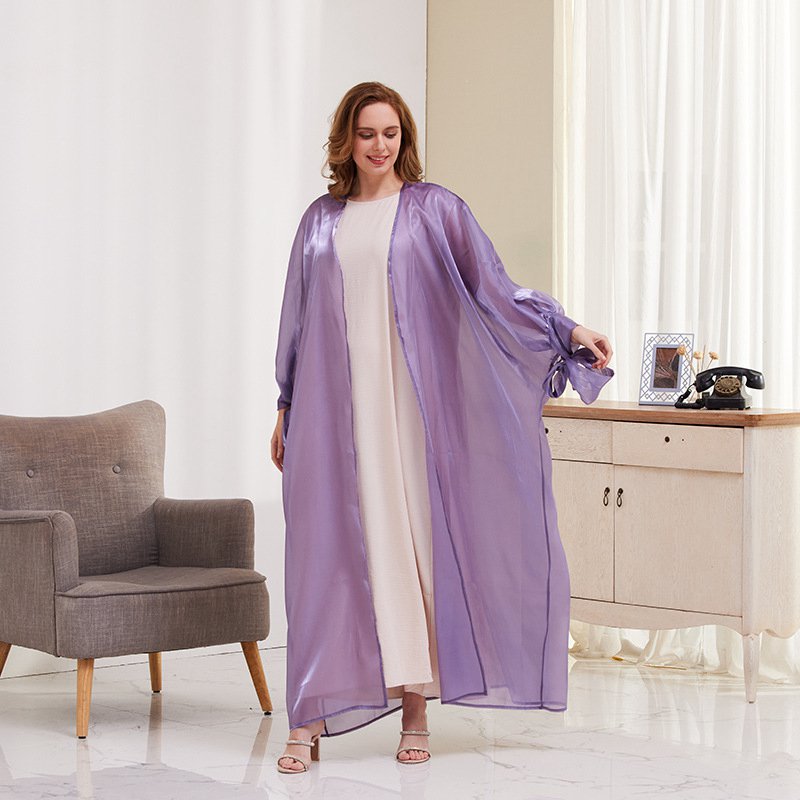 Robe longue ouverte en satin à manches bouffantes pour femmes musulmanes