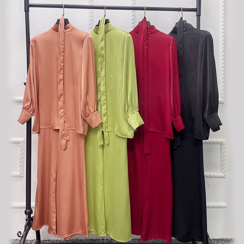 Ensemble de 2 pièces pour femme musulmane, haut et pantalon, tenue de bureau en satin