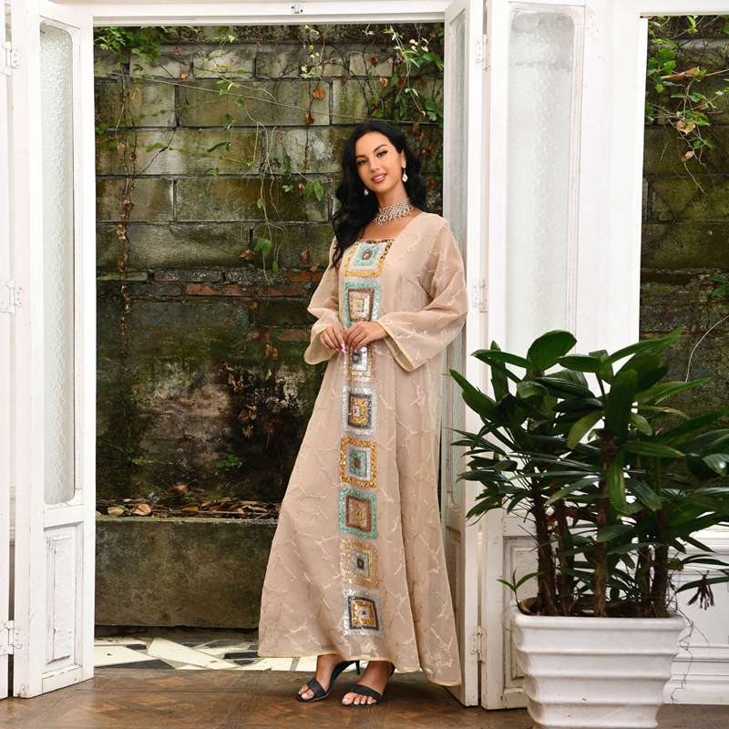 Robe de soirée caftan brodée à paillettes pour femme
