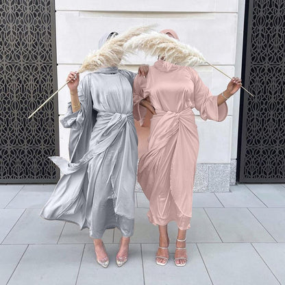 Ensemble abaya 4 pièces pour femme musulmane : robe intérieure, abaya extérieure, cache-cœur et foulard