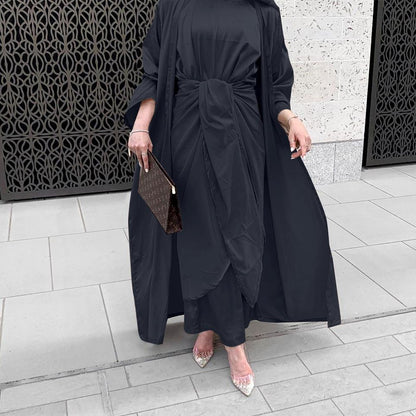Ensemble abaya 4 pièces pour femme musulmane : robe intérieure, abaya extérieure, cache-cœur et foulard