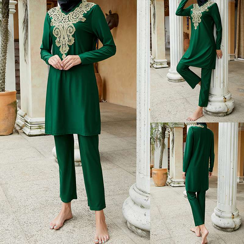 3 Pieces Set Muslim Women Embroidered Burkinis Swimwear