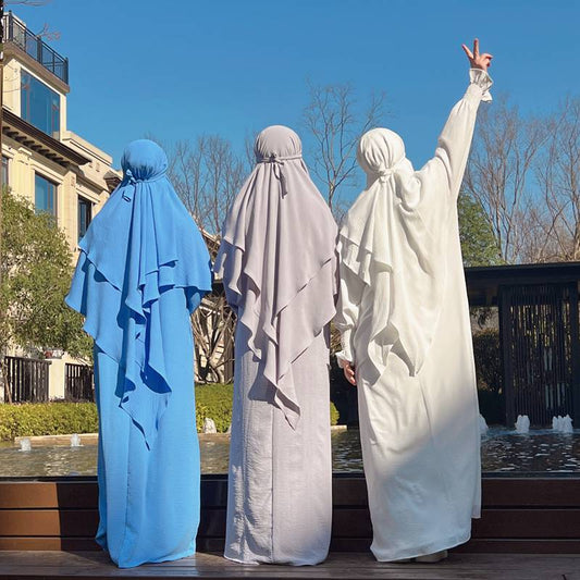 Khimar long en coton mélangé pour femmes musulmanes, deux couches