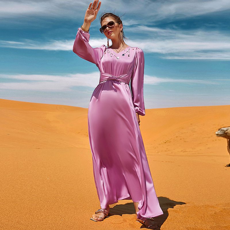 Robe de l'Aïd pour femmes musulmanes, Abaya Kaftan en satin avec strass cousus à la main