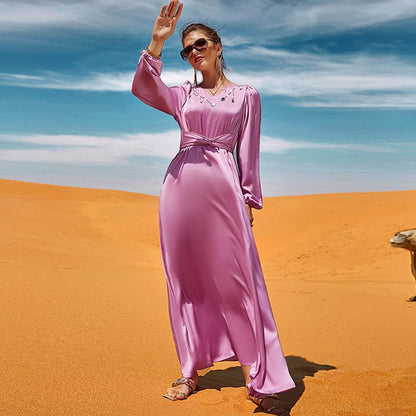 Robe de l'Aïd pour femmes musulmanes, Abaya Kaftan en satin avec strass cousus à la main