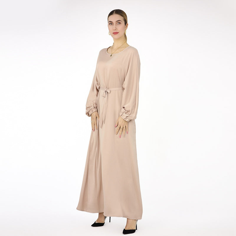 Robe Abaya en satin de couleur unie avec ceinture pour femmes musulmanes