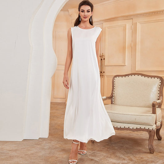 Robe d'intérieur Abaya blanche en satin sans manches pour femmes musulmanes