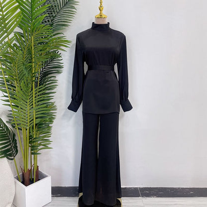 Ensemble de 2 pièces pour femme musulmane, haut et pantalon, tenue de bureau en satin