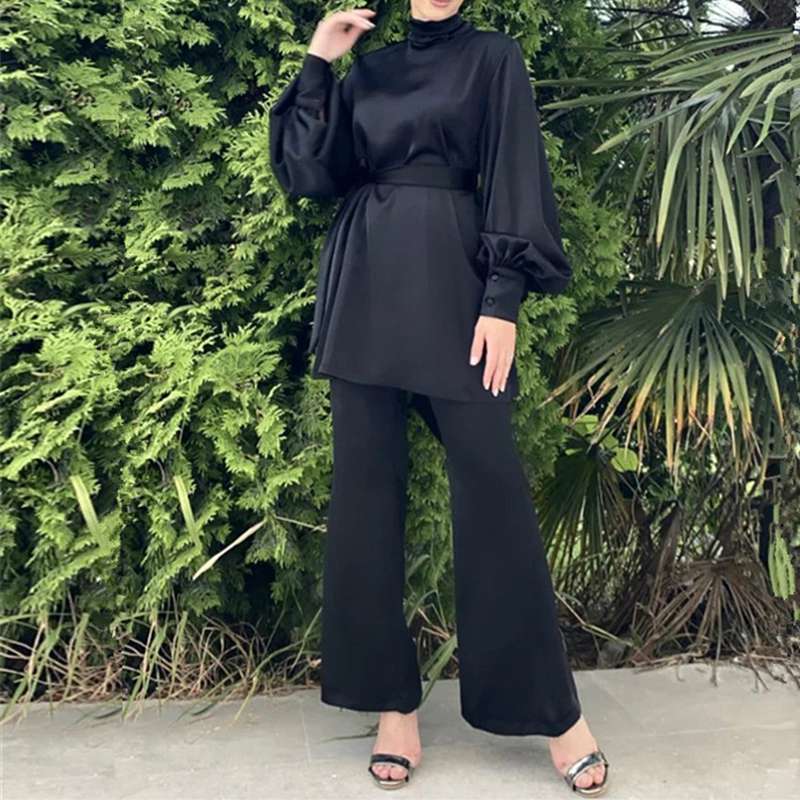 Ensemble de 2 pièces pour femme musulmane, haut et pantalon, tenue de bureau en satin