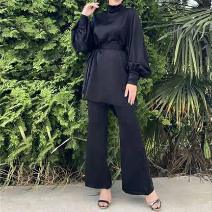 Ensemble de 2 pièces pour femme musulmane, haut et pantalon, tenue de bureau en satin