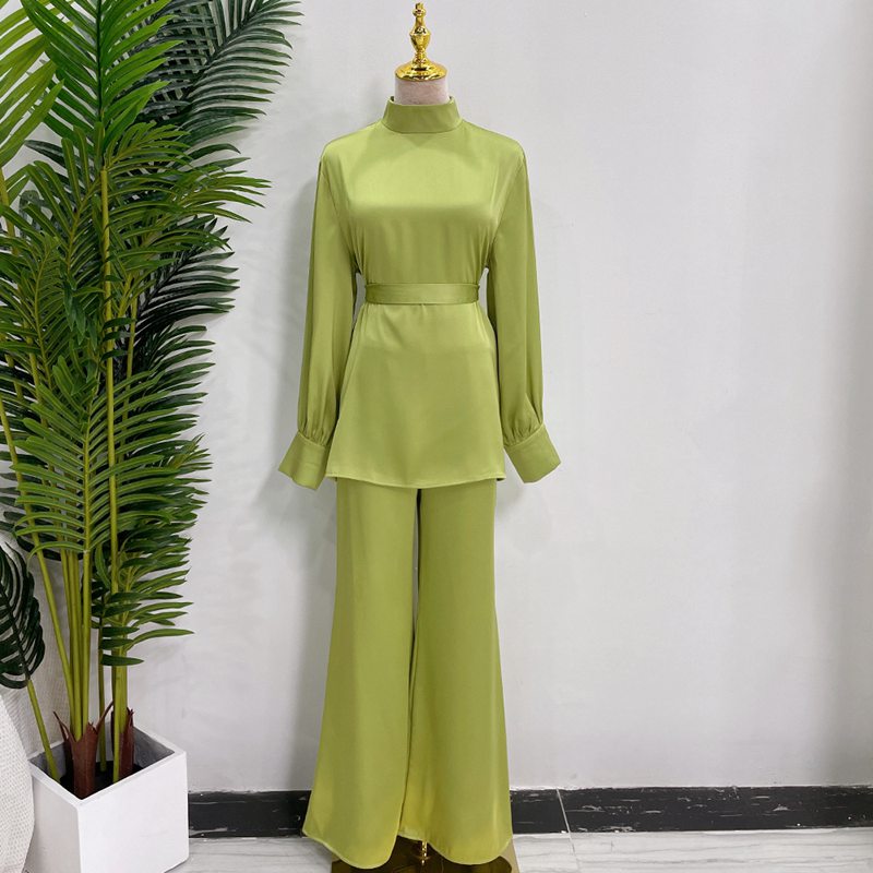 Ensemble de 2 pièces pour femme musulmane, haut et pantalon, tenue de bureau en satin