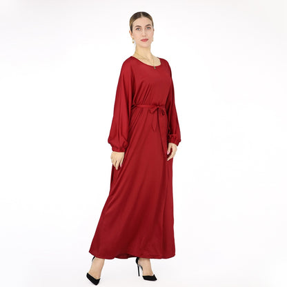 Robe Abaya en satin de couleur unie avec ceinture pour femmes musulmanes