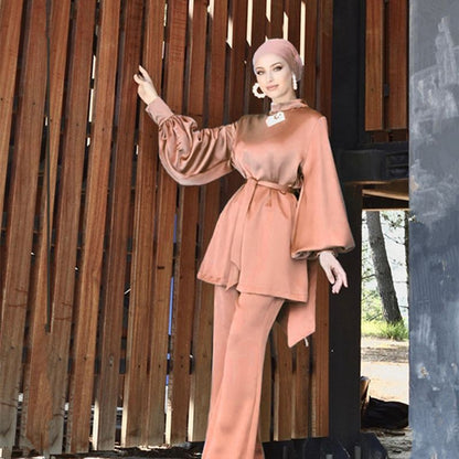 Ensemble de 2 pièces pour femme musulmane, haut et pantalon, tenue de bureau en satin