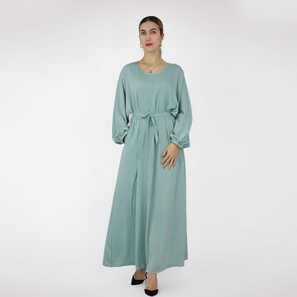Robe Abaya en satin de couleur unie avec ceinture pour femmes musulmanes