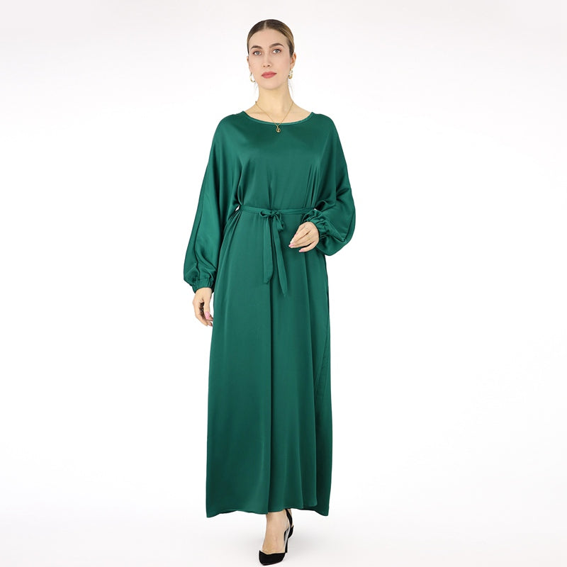 Robe Abaya en satin de couleur unie avec ceinture pour femmes musulmanes