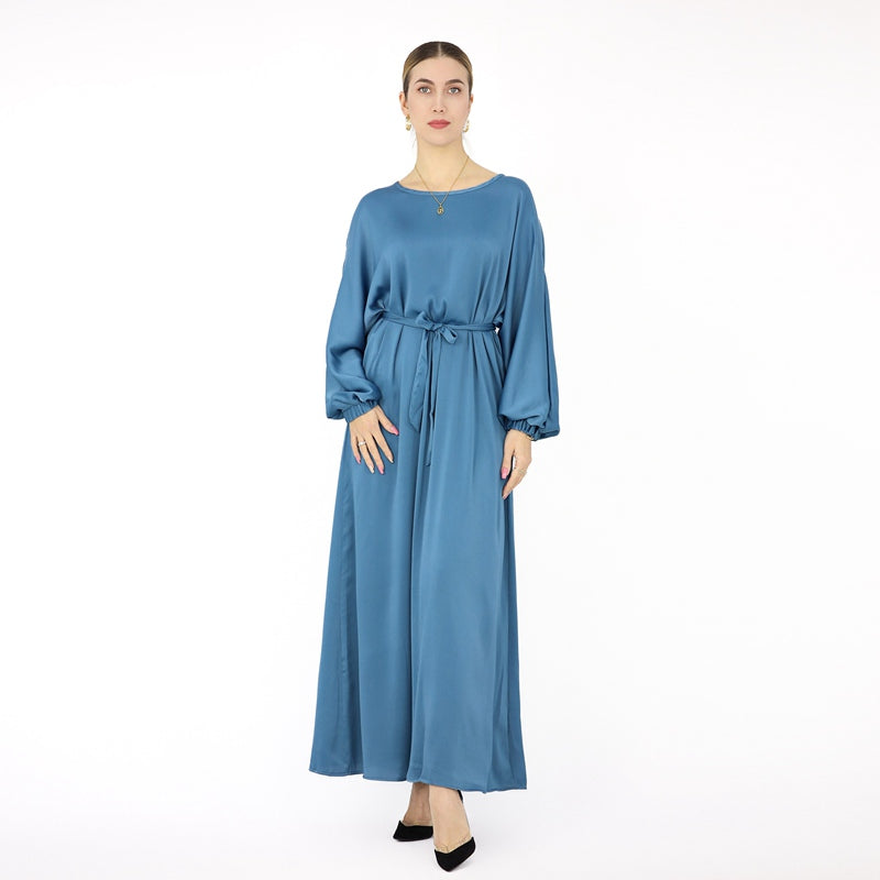 Robe Abaya en satin de couleur unie avec ceinture pour femmes musulmanes