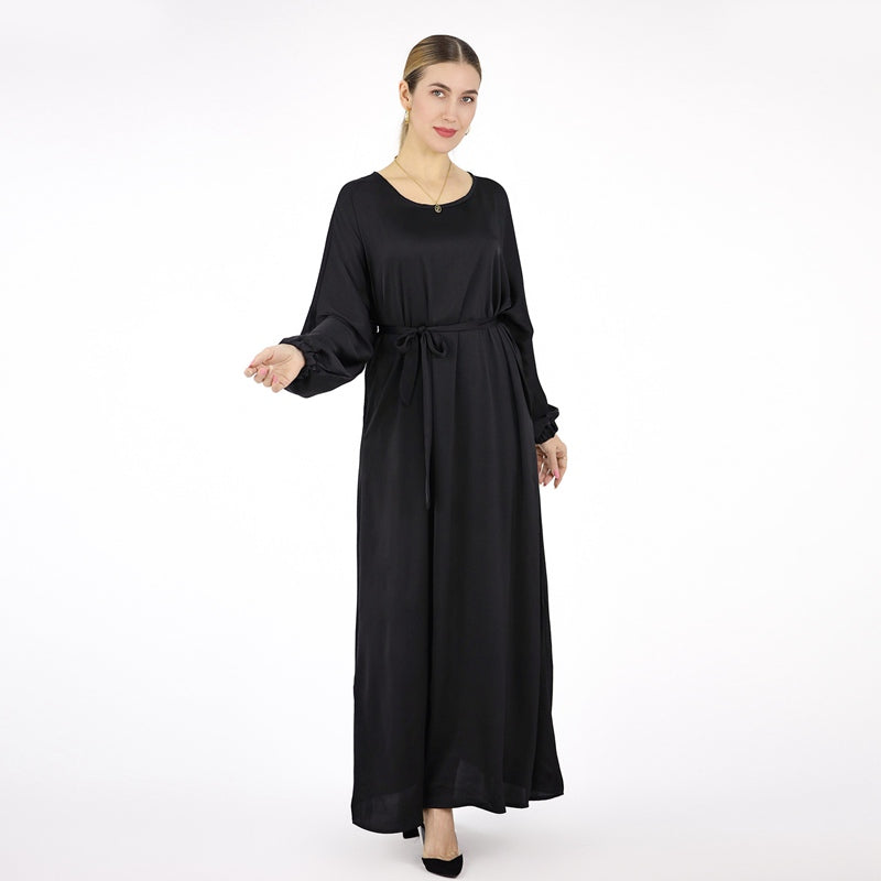 Robe Abaya en satin de couleur unie avec ceinture pour femmes musulmanes