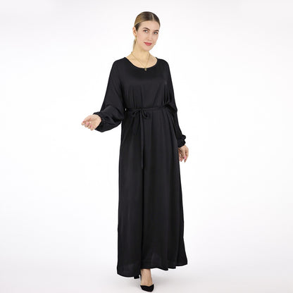 Robe Abaya en satin de couleur unie avec ceinture pour femmes musulmanes