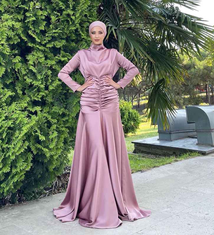 Robe Abaya en satin à col haut et taille élastique pour femmes musulmanes