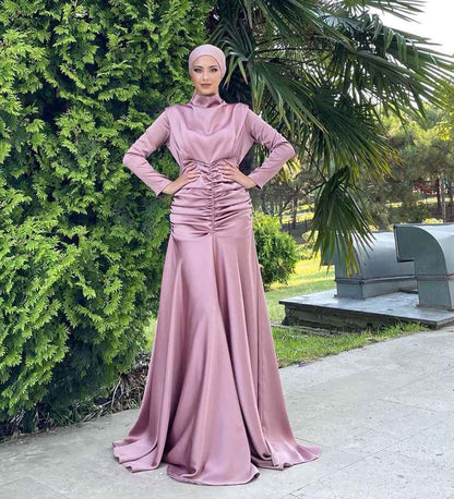 Robe Abaya en satin à col haut et taille élastique pour femmes musulmanes