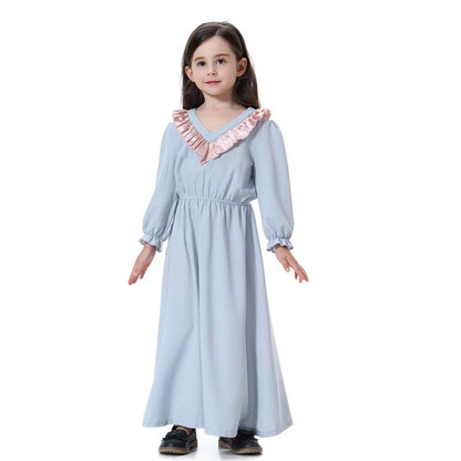 V-Neck Long Sleeve Abaya Dress For Girls Middle East Arab Kids